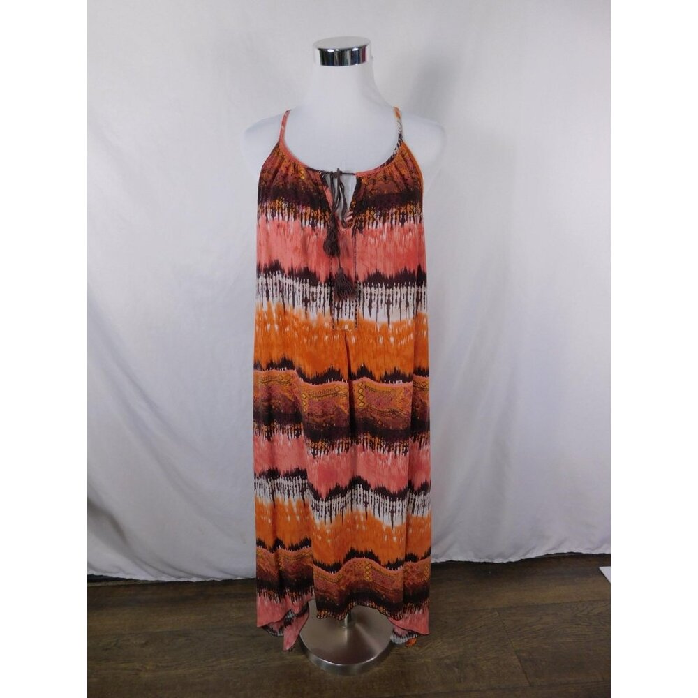 Mlle Gabrielle Dress Womens 1X Orange Boho Maxi Sleeveless Tassel Tie Dye Print